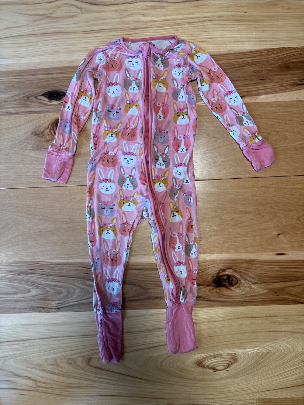 Girls' Pink Bunny Print Footed One-Piece Pajamas